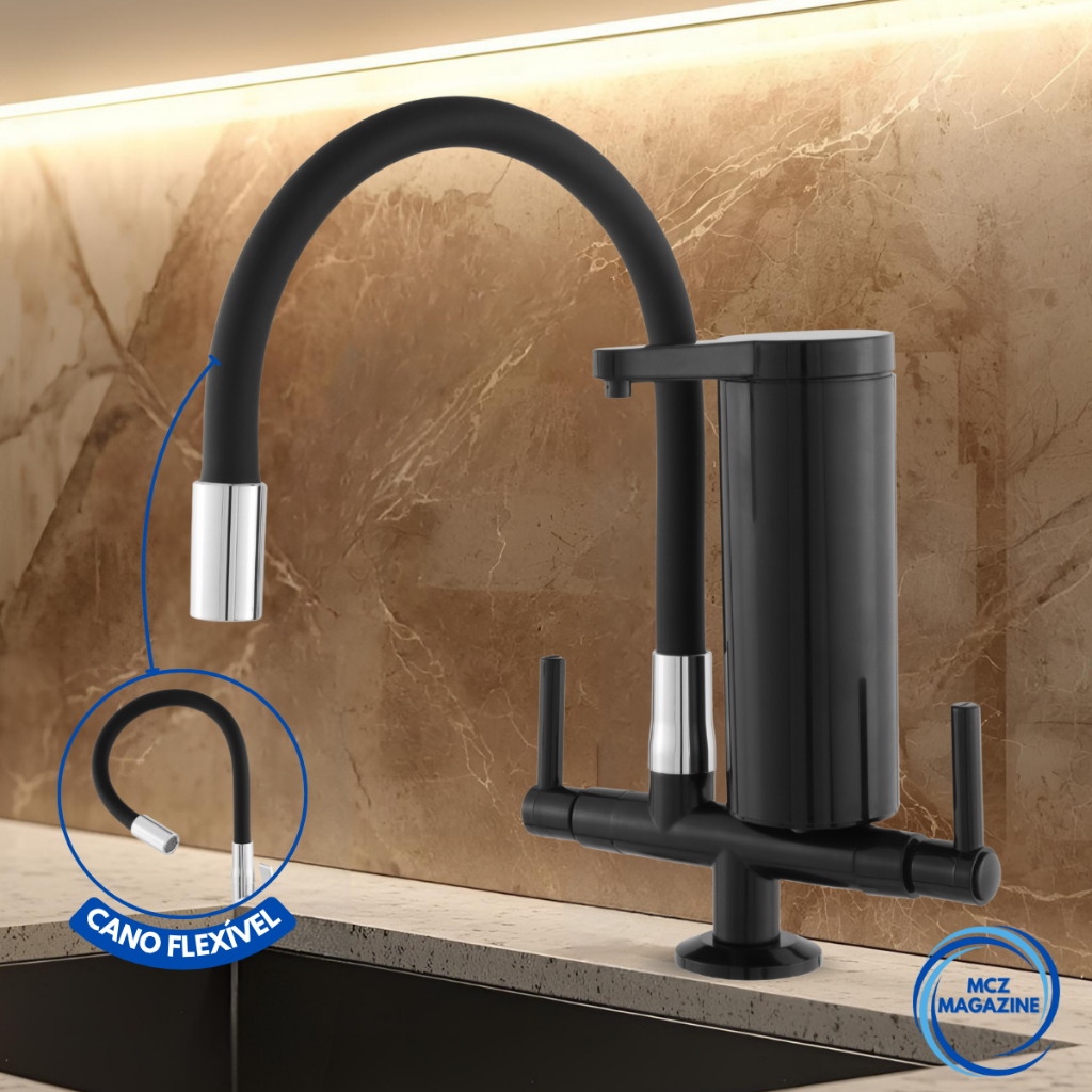 Torneira Pia Cozinha Gourmet Com Filtro Inox Cromado Chuveirinho Cozinha Bancada Preta