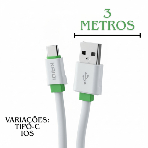 Cabo de Carregar Rápido 3 Metros Reforçado Para Android - IOS - iPhone - Tipo C - Lightning
