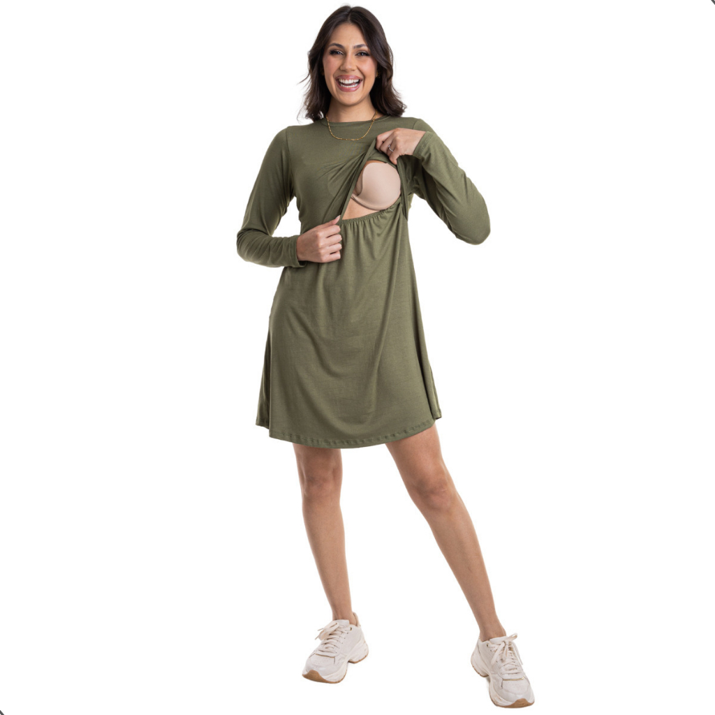 Vestido Amamentação Manga Longa Prático Gestante Amamentar Grávida