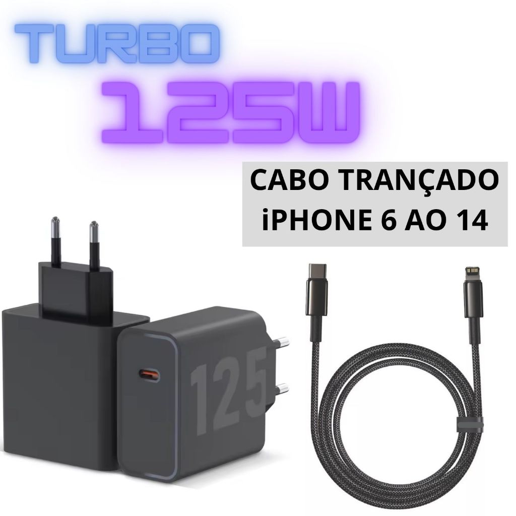 Carregador 125w Fonte Turbo + Cabo TRANÇADO NYLON PRETO P/iPhone X Xr 11 12 13 14