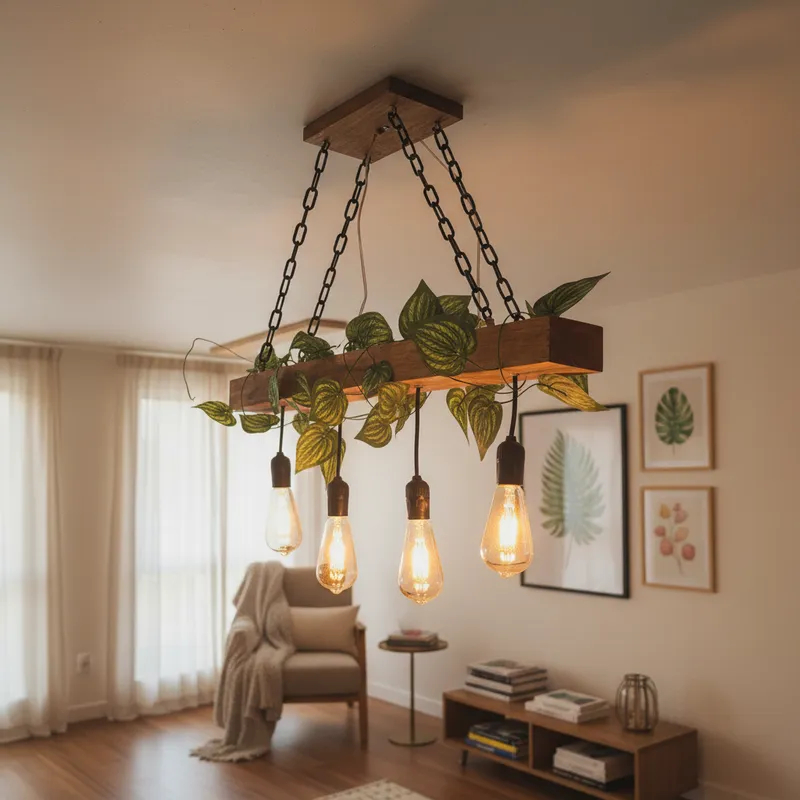 Lustre Rústico de Madeira com Corrente e Folhagem – 4 Pendentes Bivolt