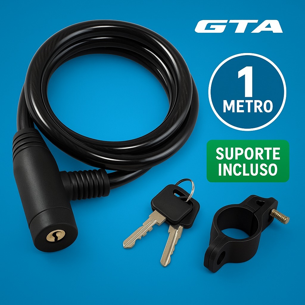 Cadeado com Cabo de Aço GTA 6mm x 1m com Suporte – Trava Antifurto para Bike, Moto e Patinete + 2 Chaves e Suporte