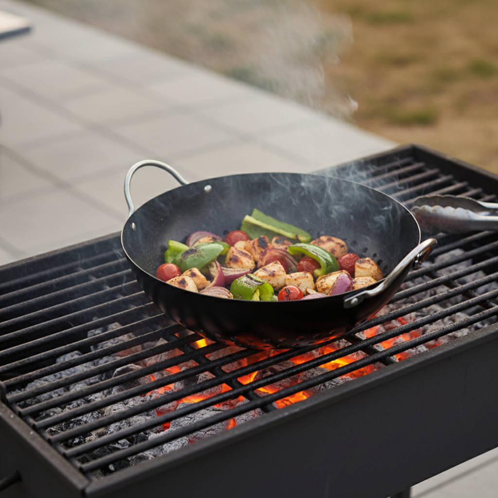 Panela Grelha Wok Furada Antiaderente 20cm Churrasco Mundial