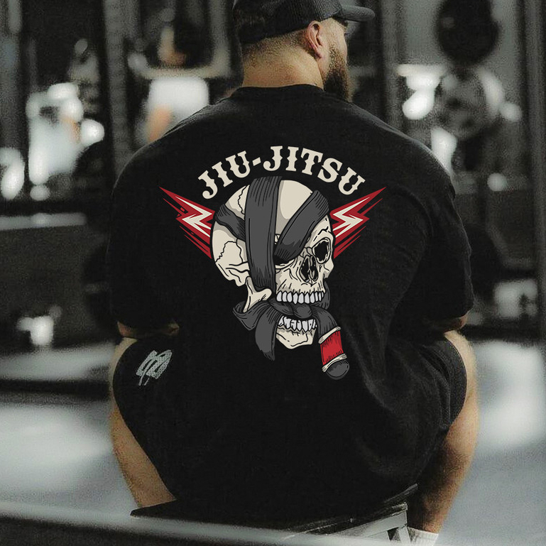 Camiseta Oversized Jiu Jitsu Caveira Faixa Preta Algodão Masculina Treino Academia Estampada