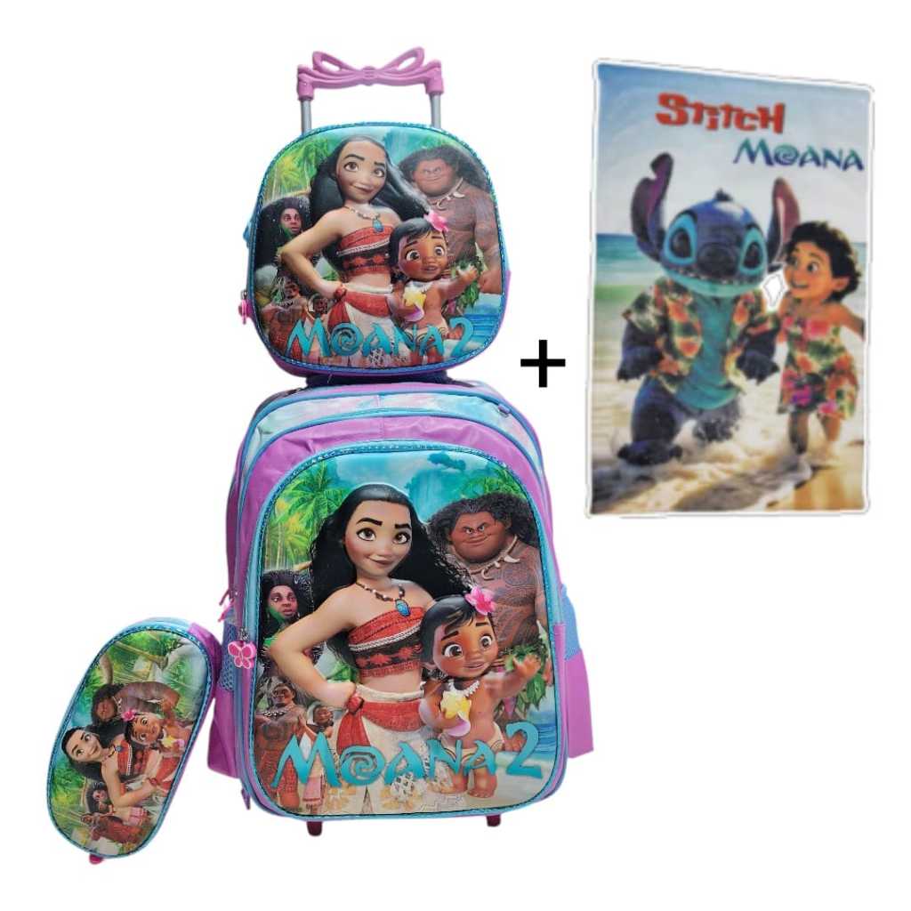 Kit Mochila Escolar Moana 3D – Alto Relevo + Lancheira + Estojo + Toalhinha Stitch