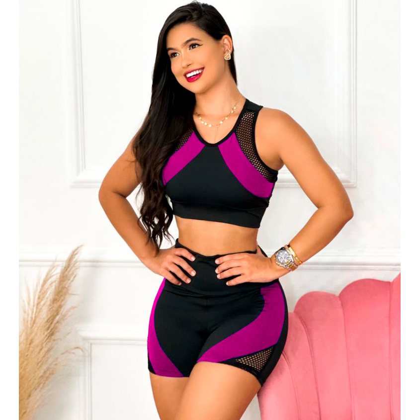 Conjunto Fitness Feminino Top + Short Cós Alto Roupa de academia Feminina Cropped Ginastica