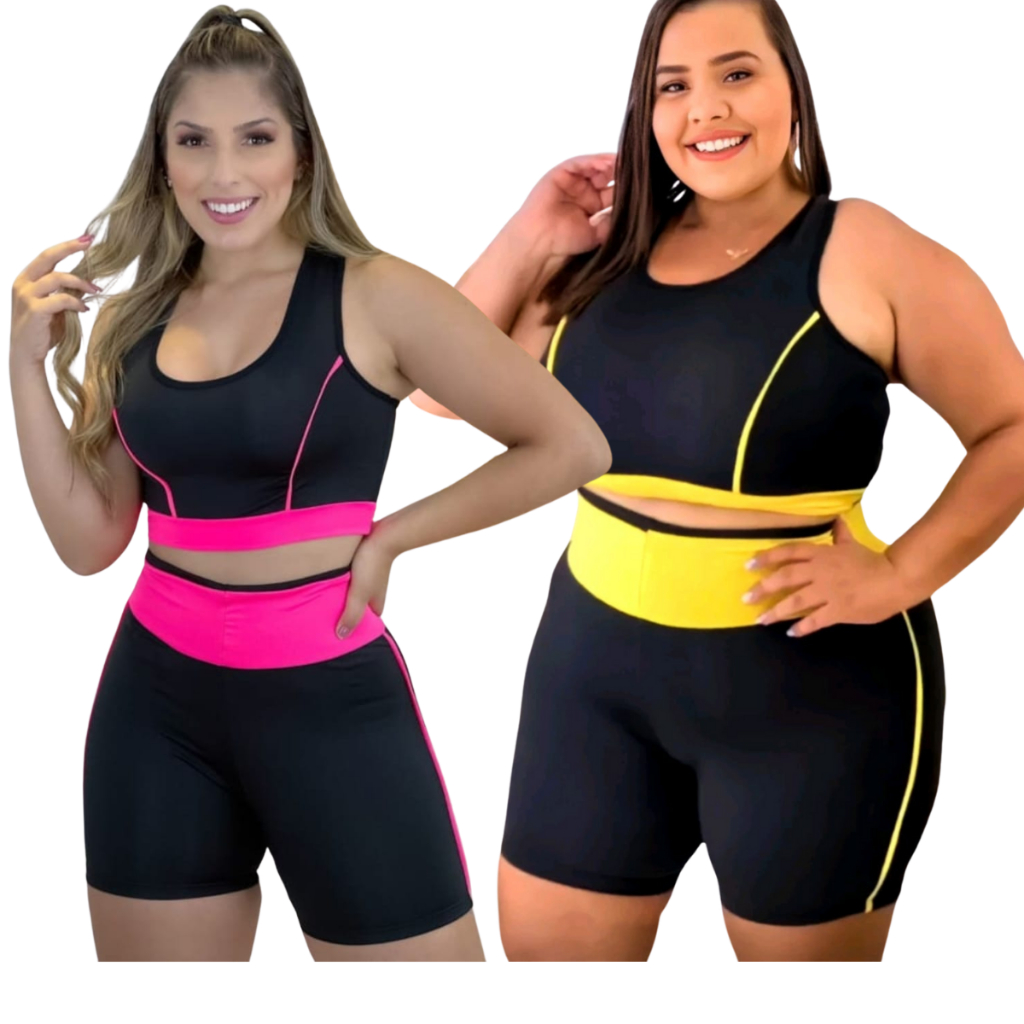 Kit Conjunto Fitness Top + short Cós Alto Roupa De Academia Feminino Plus Size Malhar Ginastica Treinar