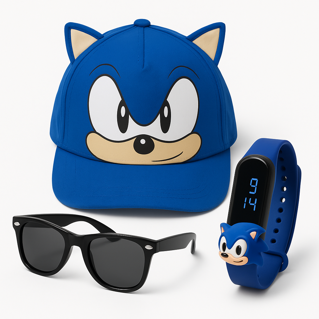 Boné Infantil com 1 / 2 ou 3 peças Relógio e Óculos Sonic Verão Praia Passeio Presente Criança 3 Peças
