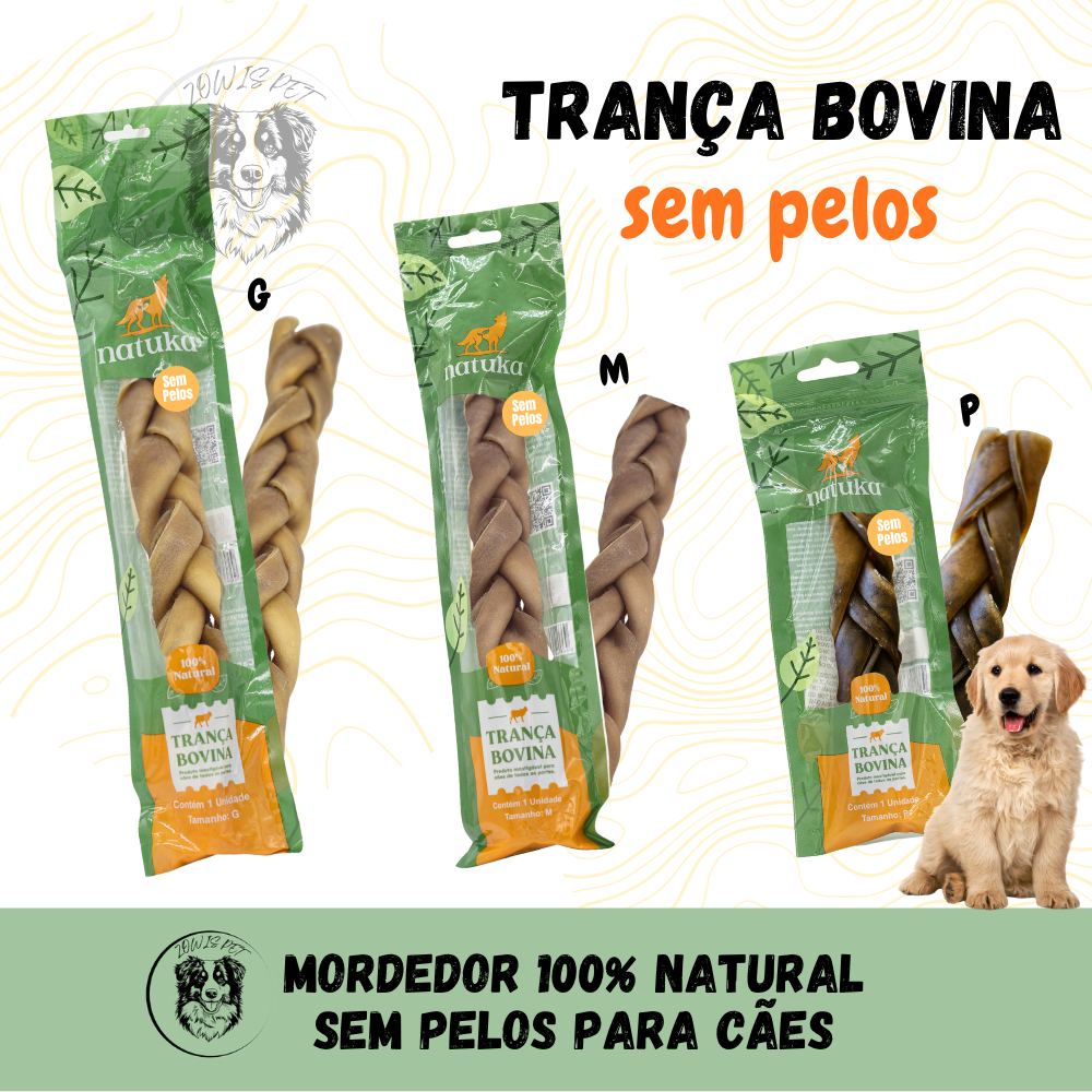 Trança de Couro Pele Bovina Sem Pelos para Cachorro Cães Natuka Mordedor Natural Pet P M G