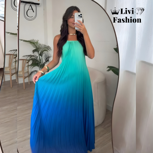 Vestido longo Plissado Femenino Multicolor Degrade Veráo