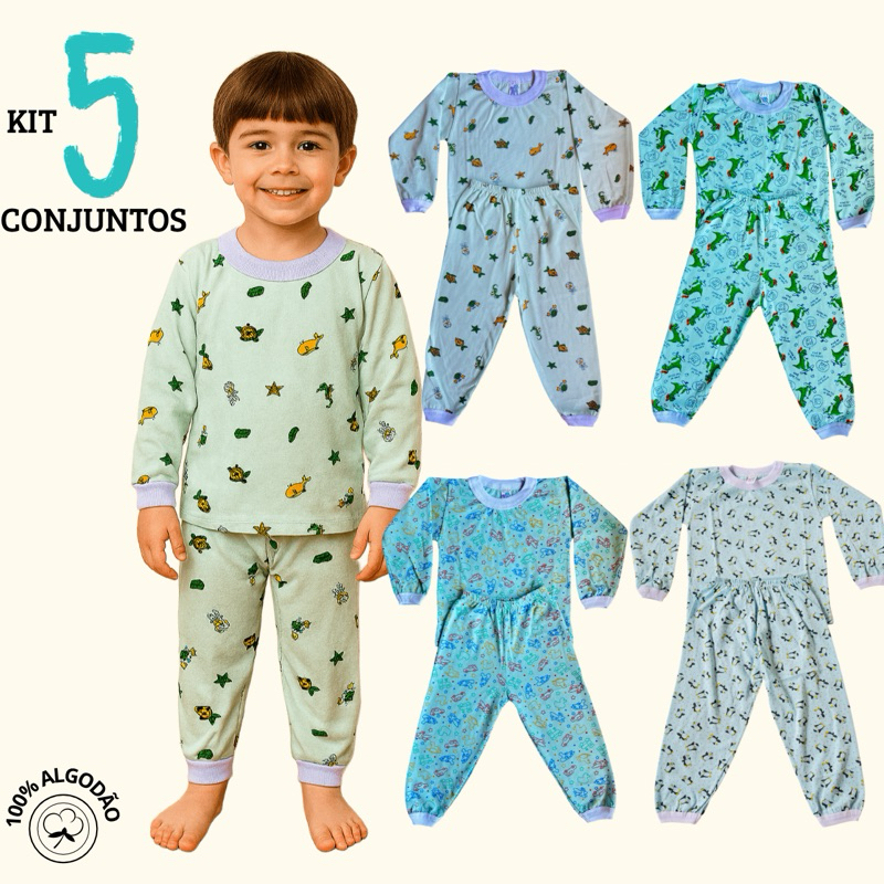 Kit 5 Pijamas Infantil Masculino Sortido 100% Algodão Conjunto Calça e Blusa Manga Longa em Oferta na Shopee