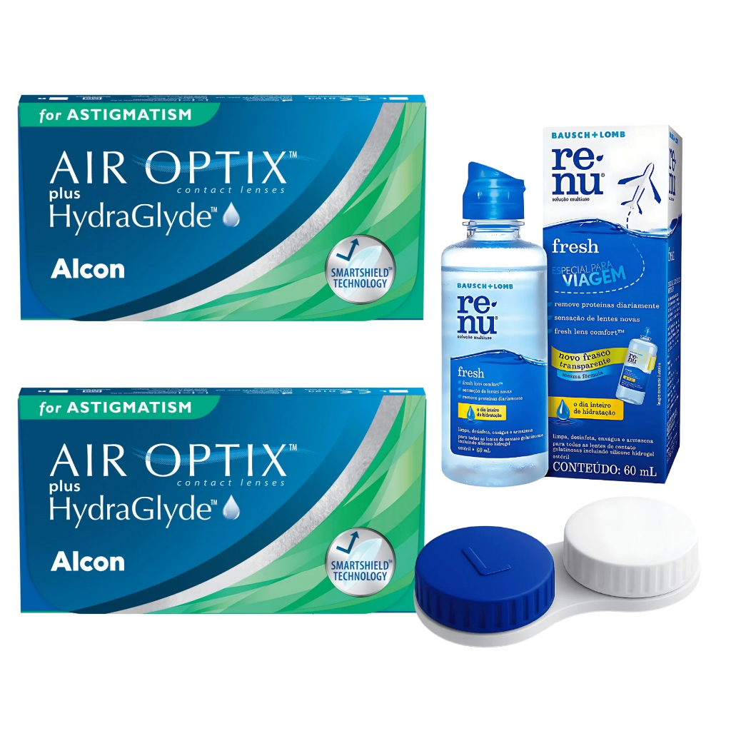 2 Caixas de Lentes Air Optix Hydraglyde Astigmatismo Tórica + Renu + Estojo
