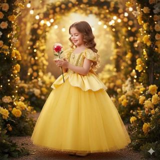 BAMBULUÁ Vestido Fantasia Premium Princesa Bela Fera Alta Qualidade Brilho Lantejoula Pedraria Paetê
