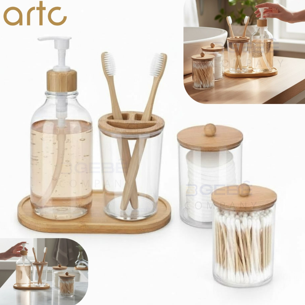 Conjunto Banheiro Lavabo 5 Peças Bambu Porta-Objetos, Dispenser, Escova e Bandeja