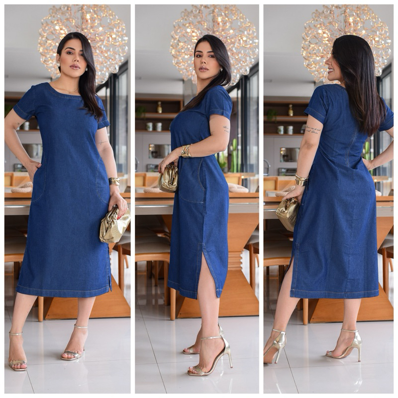 Vestido Feminino Jeans Midi de Manga Soltinho Vestido Confortável e Fresquinho