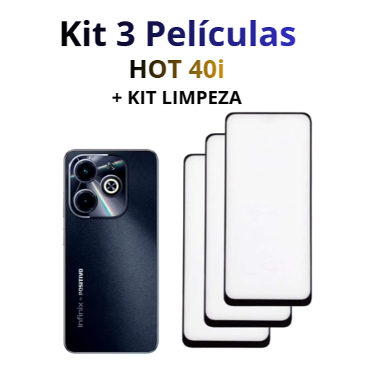 Kit 3 Películas de Vidro 3D Para Infinix Hot 40i + Kit Limpeza