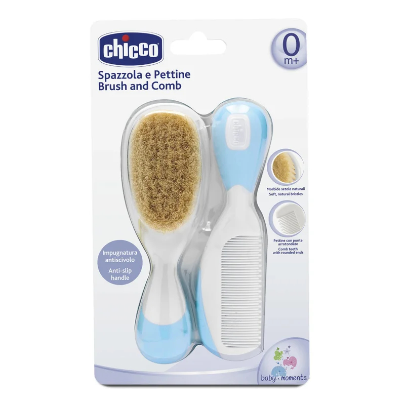 Kit Pente E Escova Natural Para Bebê +0 Meses Chicco - Azul