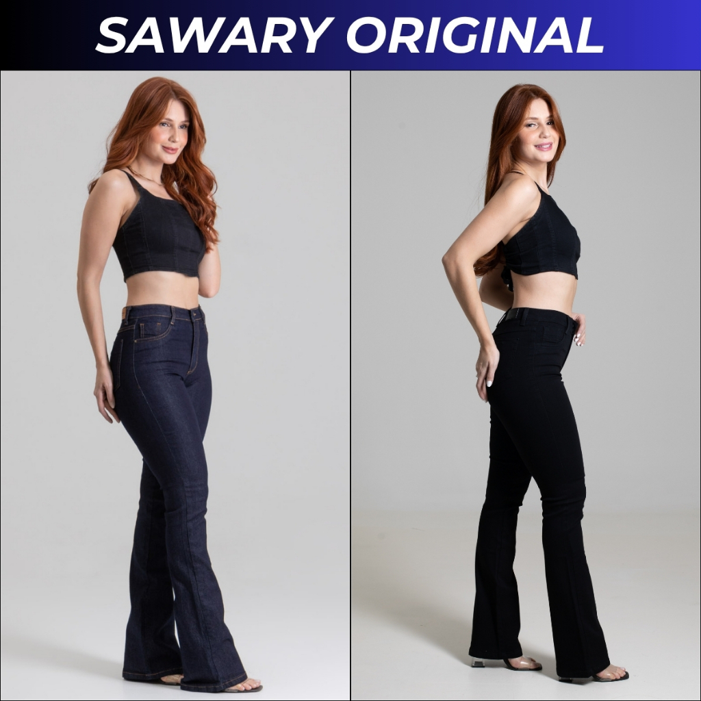 Calça Jeans Feminina Sawary Original Com Lycra Elastano Flare Fler Boca Sino Jens Jeas Denim Brim
