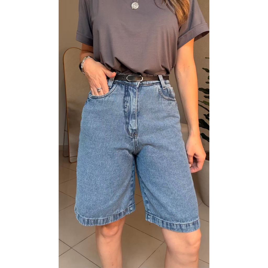 Short Jeans Bermuda sem lycra ate joelho simples casual  cintura alto Moda Street Tecido Algodão Premium em Oferta na Shopee