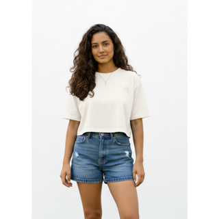 Cropped Oversized Feminino Algodão Manga Curta Confortável AnnaLee em Oferta na Shopee