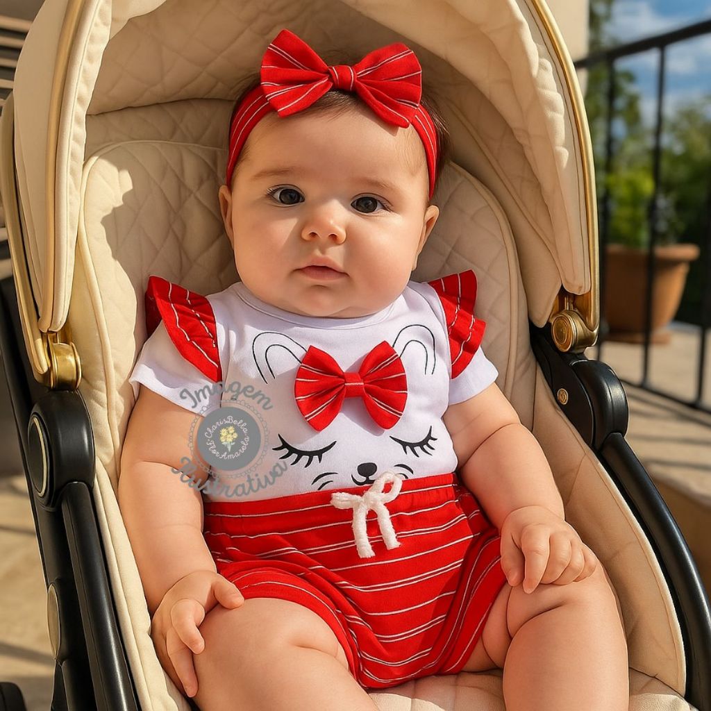 Conjunto Camiseta Shorts Bebê Menina Passeio Mesversário Temático Animal Gatinha Algodão 3 a 6 meses