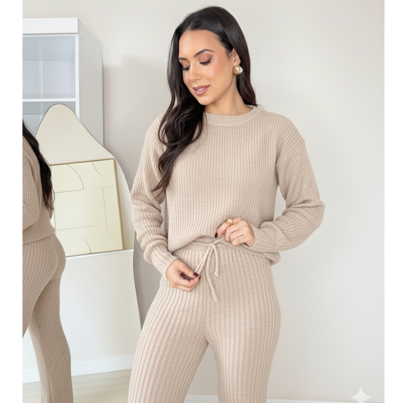 Conjunto Feminino Tricot Mousse Calça Wide Leg Pantalona e Blusa Cropped Tricô Aerolook