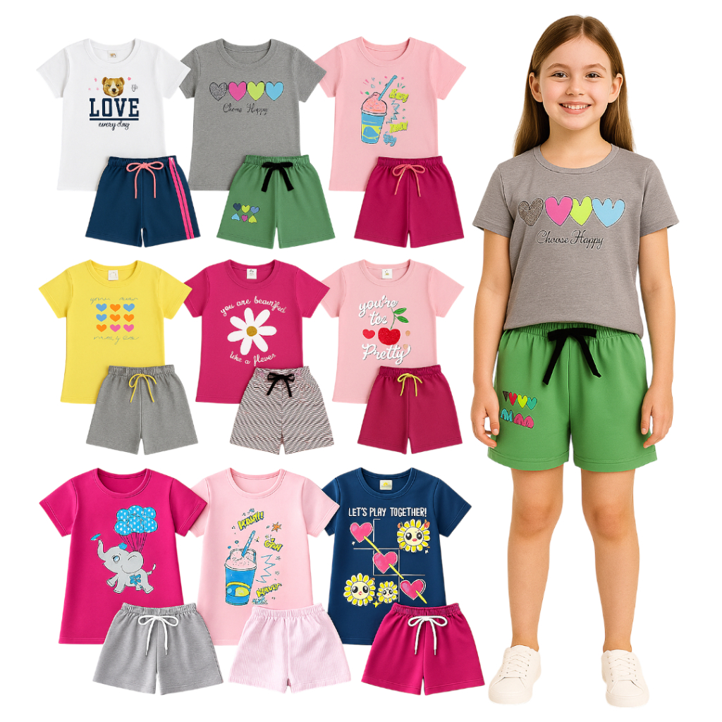 Ki 5 Conjunto Infantil Menina Verão Camiseta + Shorts | 4 a 16 anos | Roupa Confortável em Oferta na Shopee
