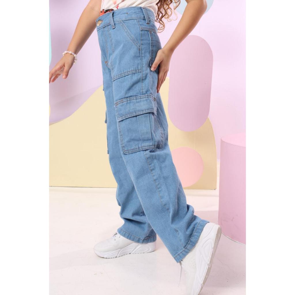 Calça Jeans Wide Leg Cargo Infantil Juvenil Menina Bolsos em Oferta na Shopee
