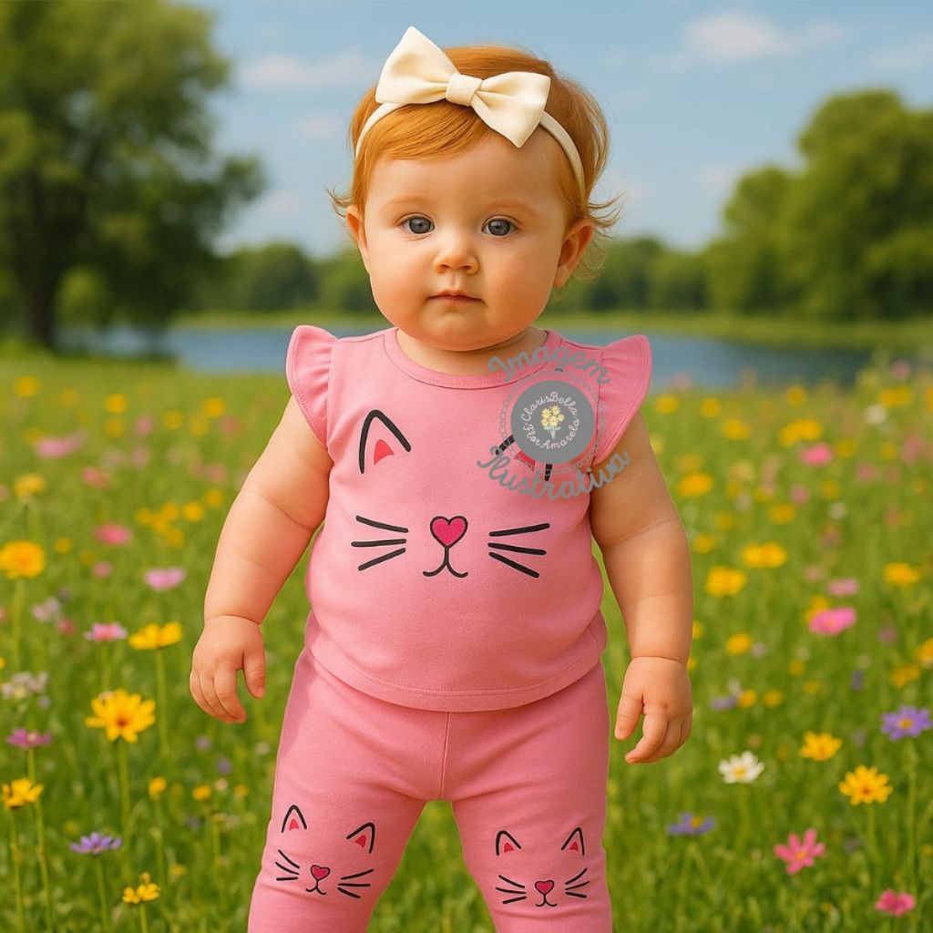 Conjunto Camiseta Bermuda Bebê Menina Temático Verão Mesversário Gatinha Algodão Rosa 0 a 3 meses