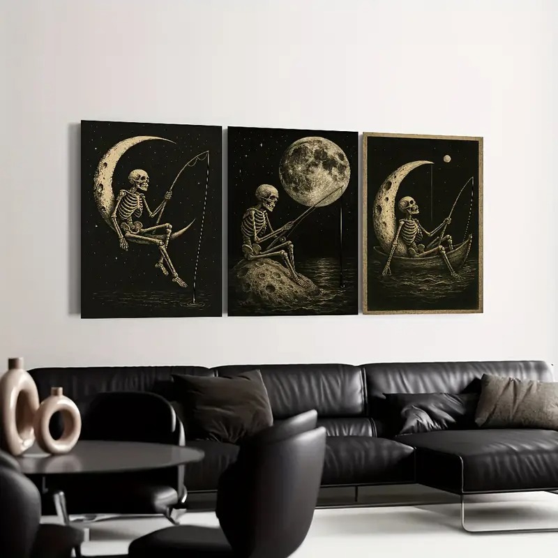 KIT 3 Quadros Esqueleto Pescando na Lua | Decoração Sala Dark Art Gótico Vintage