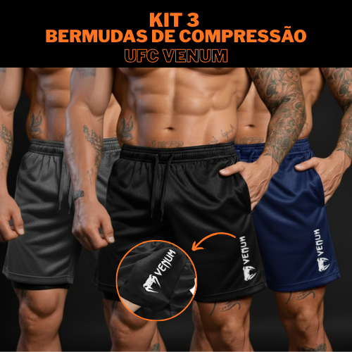 Kit 3 Bermudas Compressão 2 em 1 Dry Fit Masculino UFC Venum Ideal para Treino Academia e Esportes