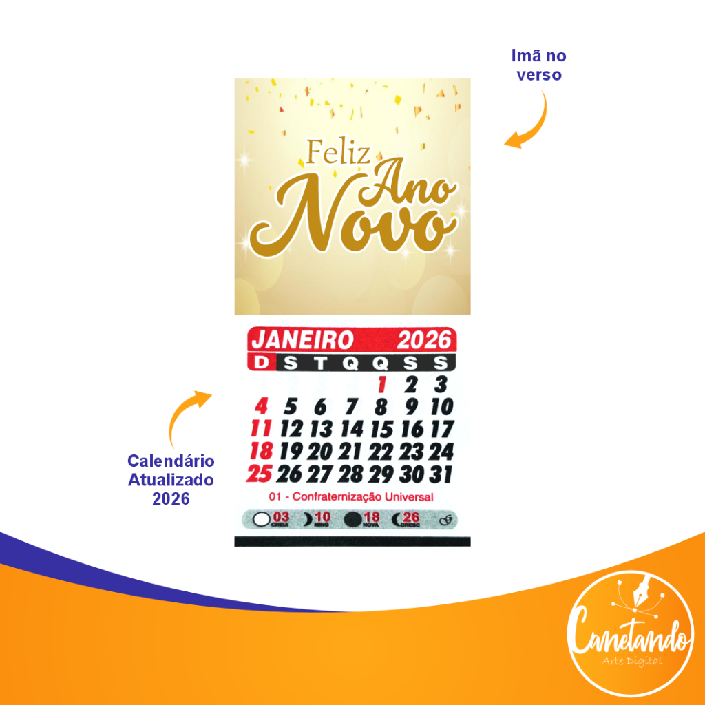 Imã de Geladeira Tema Feliz Ano Novo Com Mini Calendário 2026 em Oferta na Shopee