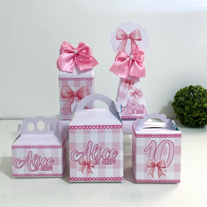 PEGUE E MONTE - Kit Festa Laço Rosa Personalizados Aniversário–Lembrancinha - Caixinhas para Festa