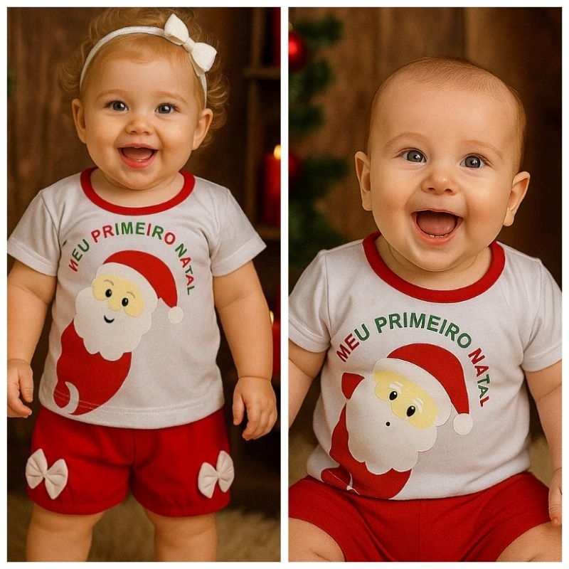 Conjunto Meu 1° Natal Short e Camiseta Estampada Menina Menino Bebê Festa Natal