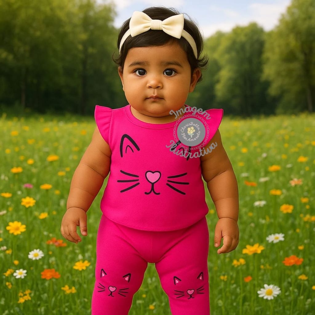 Conjunto Camiseta Bermuda Bebê Menina Temático Verão Mesversário Gatinha Algodão Pink 0 a 3 meses