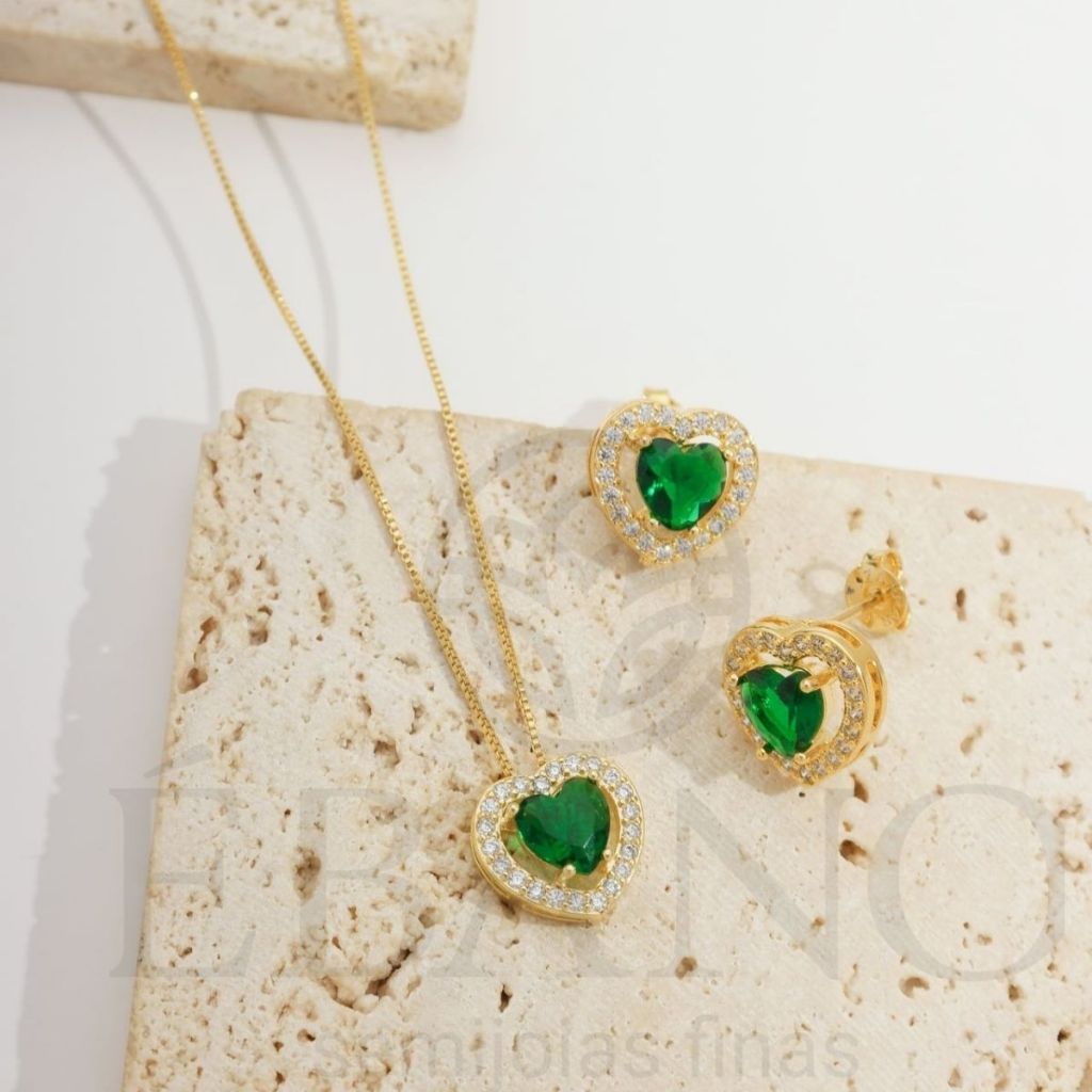 Conjunto Colar e Brinco Esmeralda Coração Banhado Ouro 18K Antialérgico Super Luxo