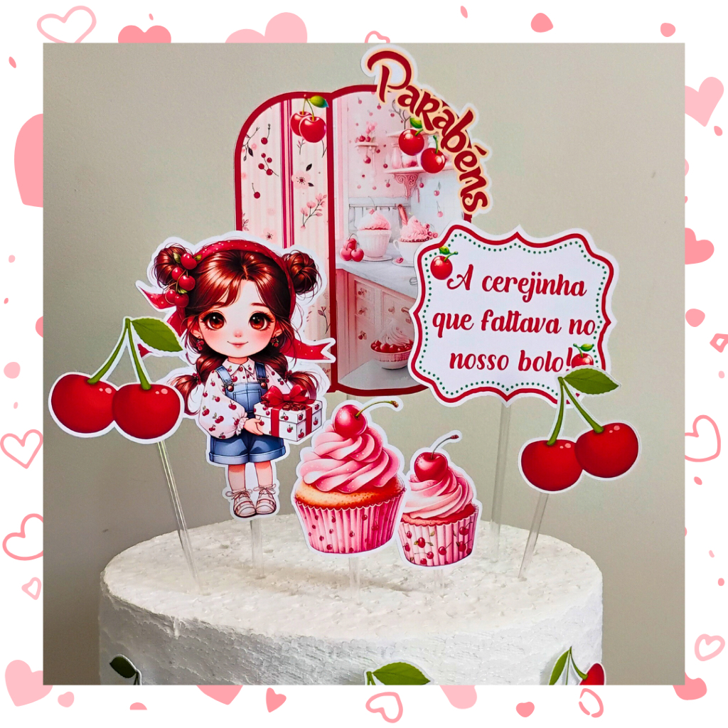 Topo de Bolo  Personalizado Cerejinha do Nosso Bolo, Decoração de Festa, Aniversário