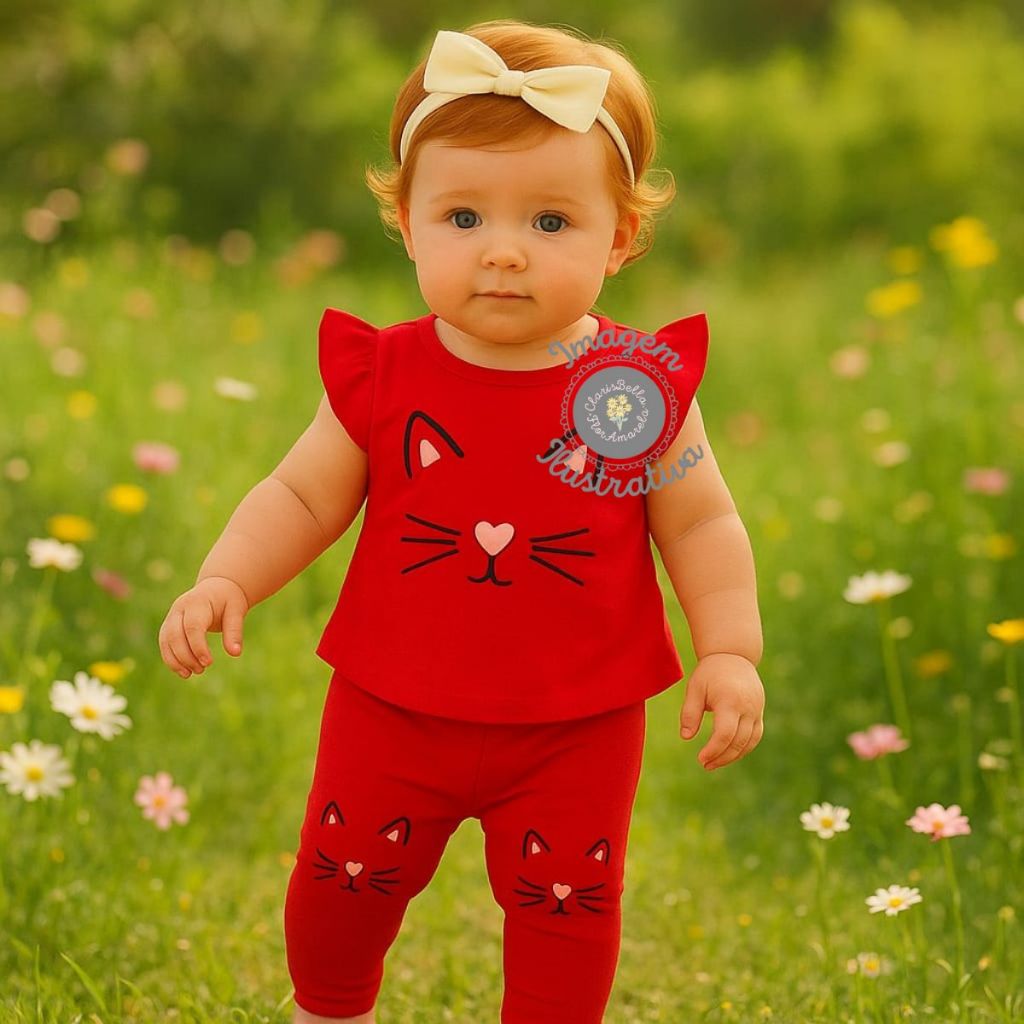 Conjunto Camiseta Bermuda Bebê Menina Temático Mesversário Verão Gatinha Algodão Vermelho 0 a 3meses
