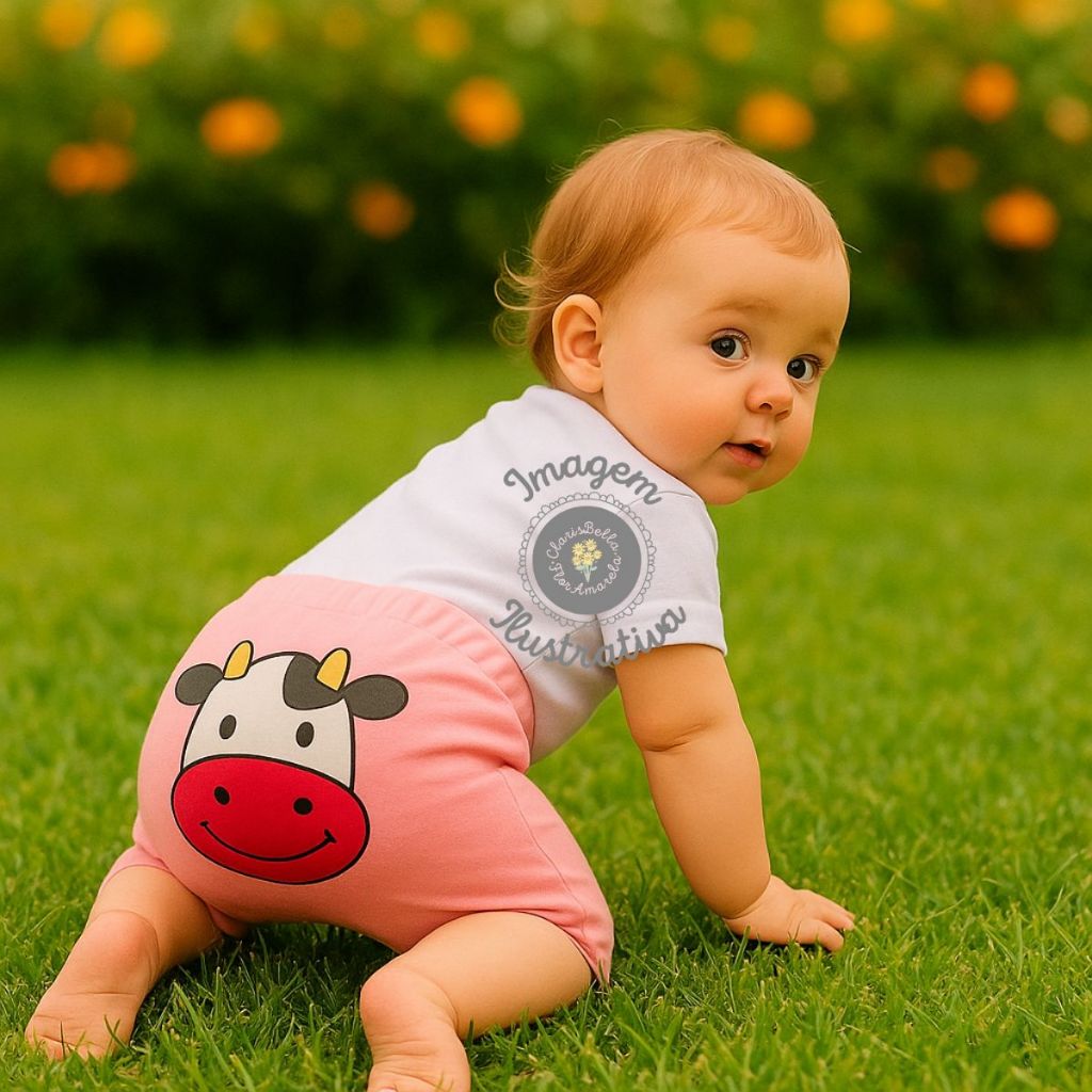 Conjunto Body Bermuda Bebê Menina Mesversário Temático Fazendinha Animal Vaquinha Algodão 0 a 3meses