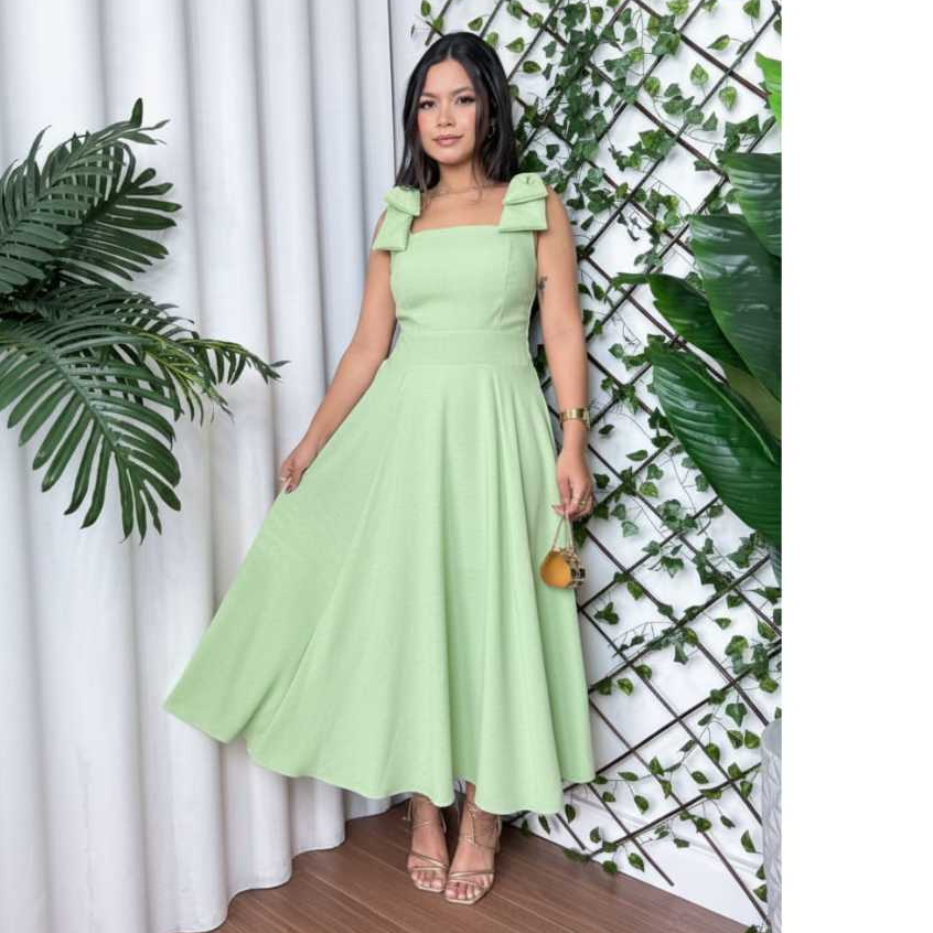 Vestido Feminino Longo em Duna  Linho com Laço no Ombro e Elastex -  Moda Casual 2025 em Oferta na Shopee