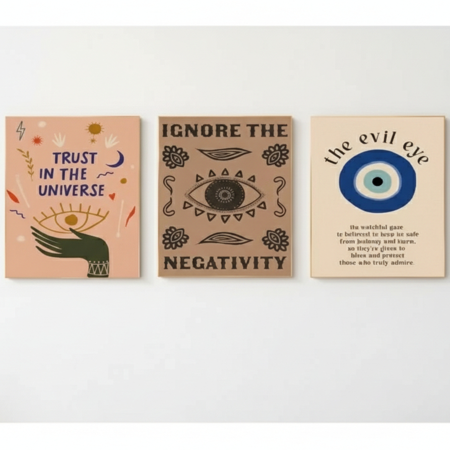 Quadros decorativos Olho grego vibe positiva (3 peças 30x40)
