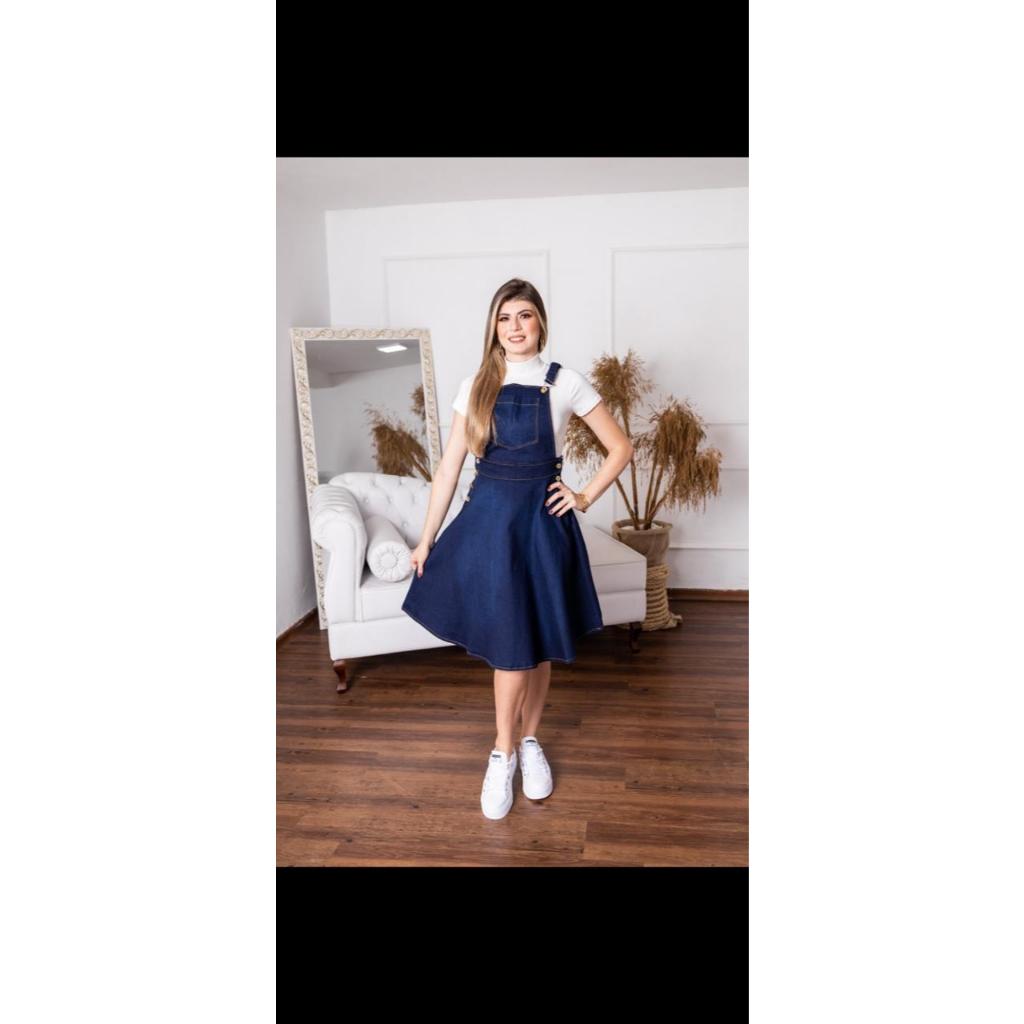 Jardineira Salopete Cristã  Vestido Saia Gode Rodado Jeans Evangélico