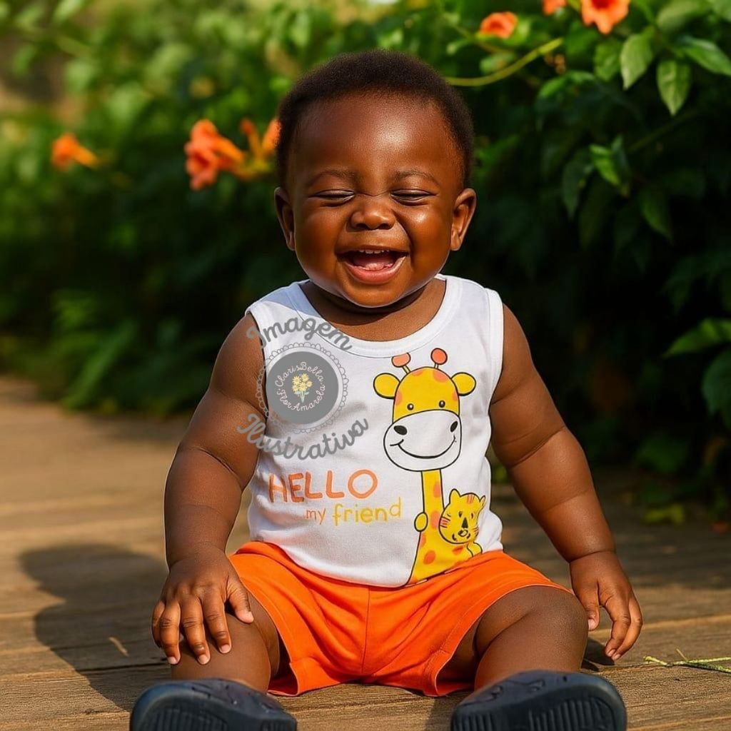 Conjunto Camiseta Regata Shorts Bebê Menino Mesversário Temático Animal Girafa Algodão 3 a 6 meses