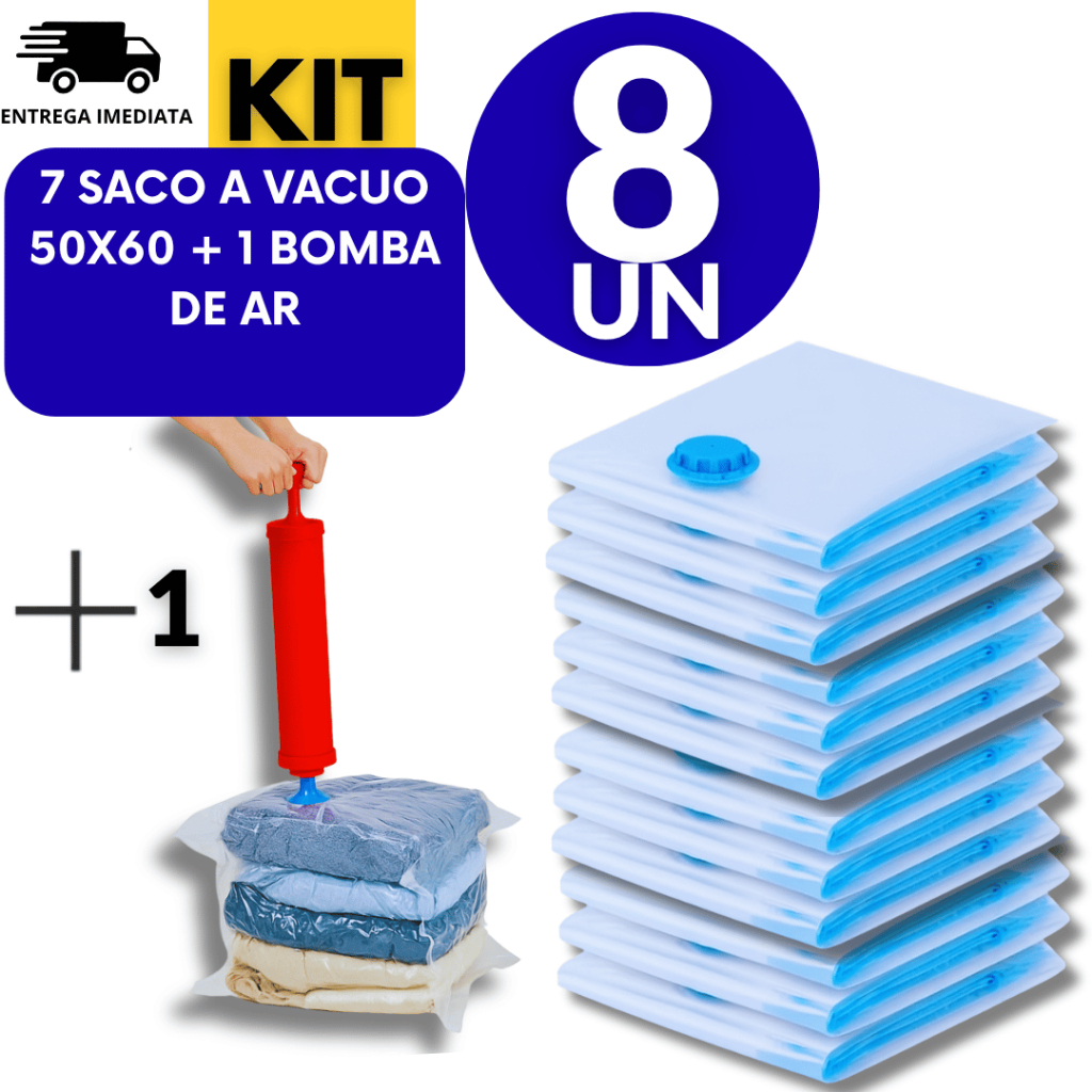 Jogo 08 Unidades - 7 Sacos de roupa a Vácuo 50x60cm Edredom Toalhas Roupas viagem + 1 Bomba de ara Para Saco a Vacuo