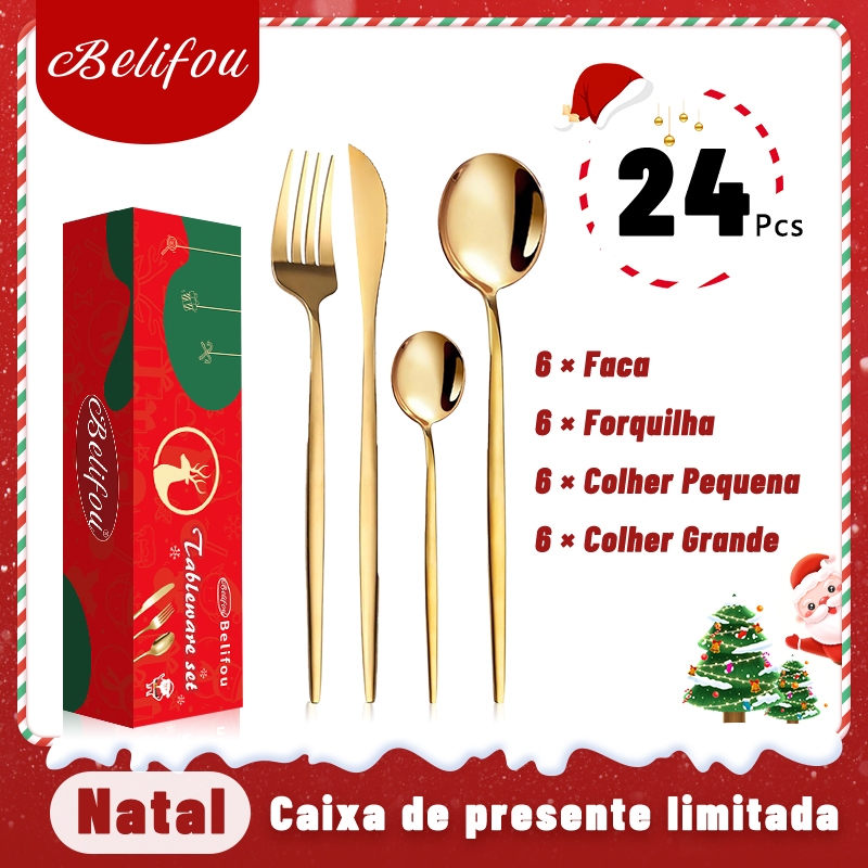 Belifou Kit 24 Natal Jogo De Talheres Inoxidável 416 Suprimentos Cozinha Talheres Dourados...