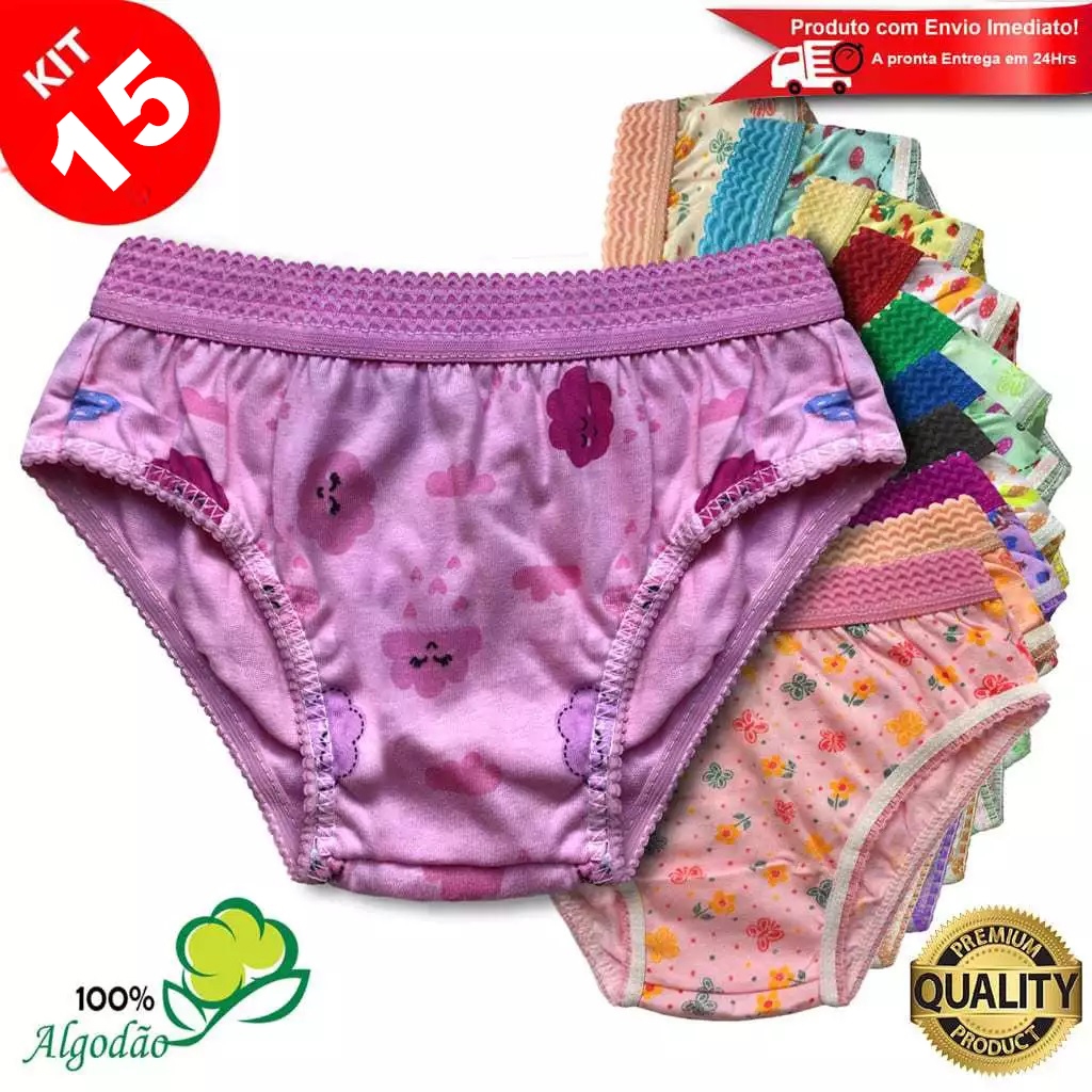Kit 15 Calcinhas Infantil Algodão Estampada Cós Elástico Menina Revenda