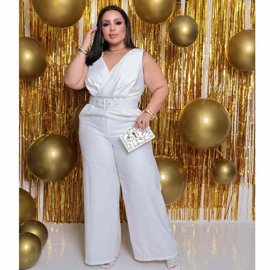 Macacão plus zise social com cinto forrado