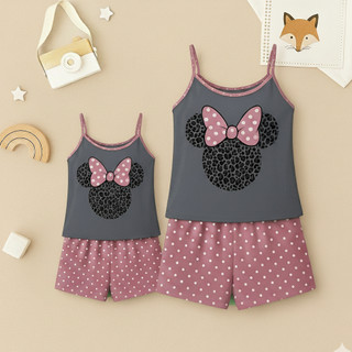 Kit C/2 Baby Doll Mãe e Filha Minnie Fofa Malha Premium Pijama Curto Promoção Verão Alcinha Short