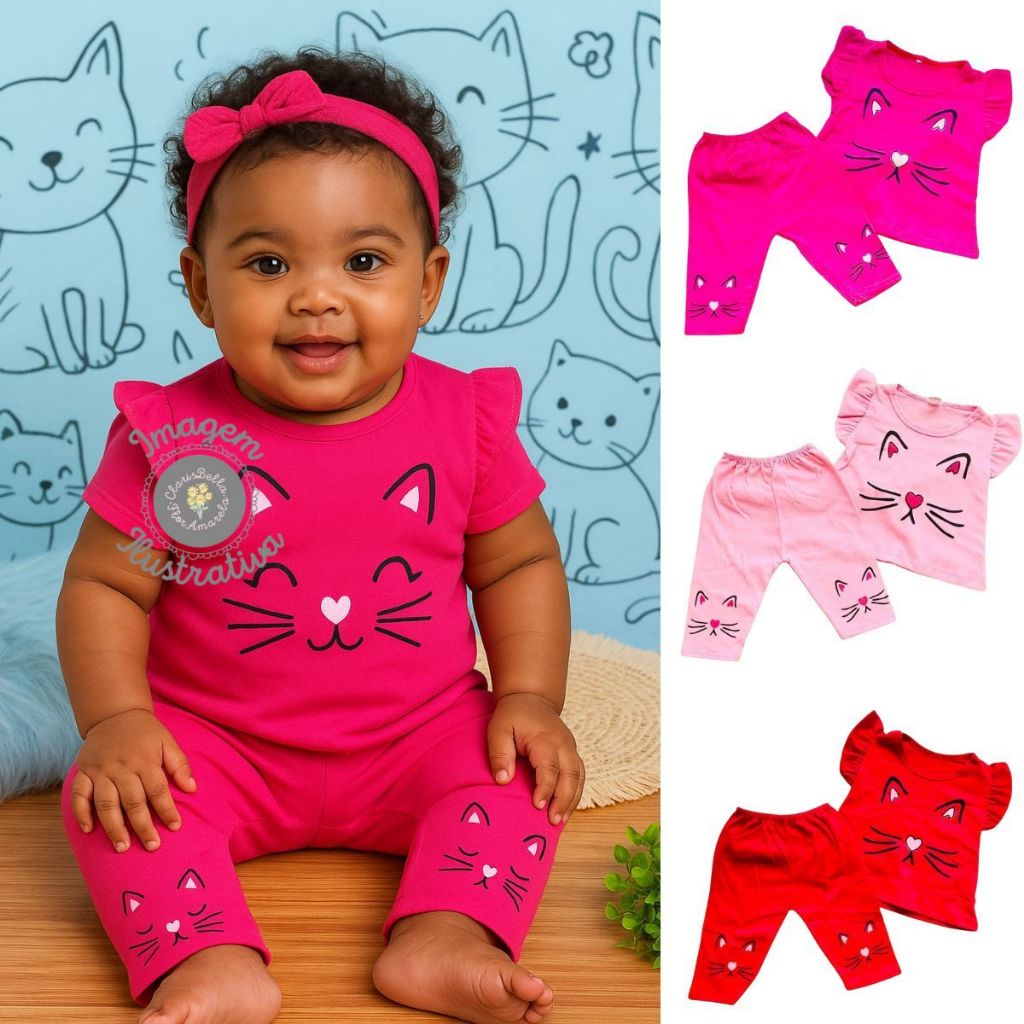 Conjunto Camiseta Bermuda Bebê Menina Mesversário Temático Animal Gatinha Algodão 0 a 3 meses