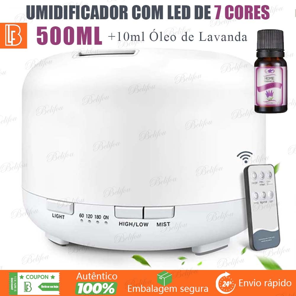 Difusor Aromatizador Umidificador 500ml com LED Colorido 7 Cores e Controle Remoto
